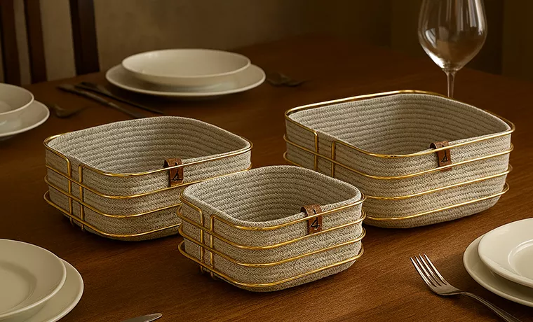 NATUREL SQUARE GOLD WIRE BREAD BASKET 3 PIECE SET